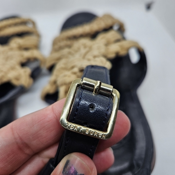 Tory Burch black leather and tan macrame Fleur flat sandals 8.5M - Picture 6 of 9